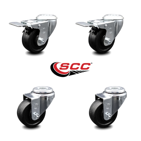 3 Inch Soft Rubber Swivel Bolt Hole Caster Set with 2 Total Lock Brake SCC